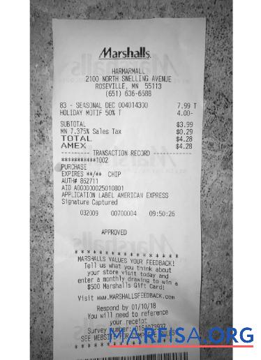 Printable USA Marshalls store payment receipt sample